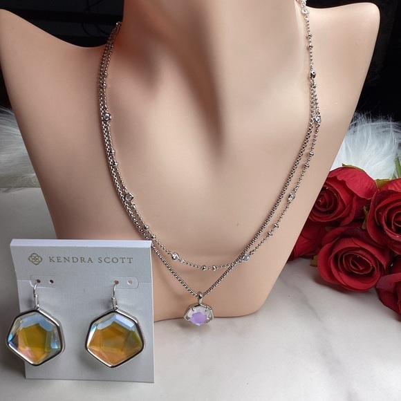 KENDRA SCOTT NECKLACE EARRING SET SILVER VANESSA DICHROIC GLASS RHINESTONES - Picture 4 of 10